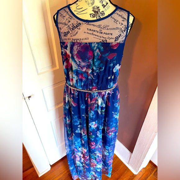 Floral Blue Sleeveless Dress - Picture 1 of 9